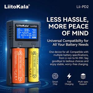 PD2 듀얼 슬롯 무극성 배터리 충전기, 3가지 전류 모드, LCD 디스플레이(V/A/시간 표시), 3.7V 리튬이온, 3.85V IMR, 3.2V LiFePO4 및 1.2V용
