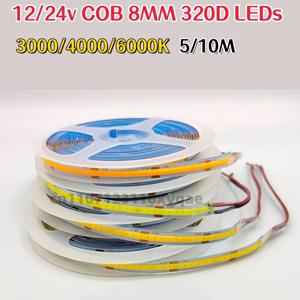DC 12V 24V FOB COB 스트립 320Leds/M 고밀도 RA90 화이트 3000K 4000K 6000K IP21 유연한 리본 로프 LED 라이트