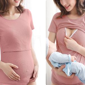 출산 여름 부드러운 95% 코튼 잠옷, 리프트 업 모유 수유 수유 잠옷, 수유 옷