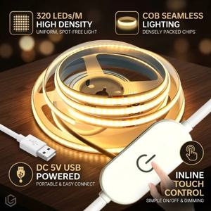 DC5V USB COB LED 스트립 1-5M 320LED/M 터치 디머 유연한 테이프 라이트 TV 미러 캐비닛 주방 룸 DIY 장식 백라이트