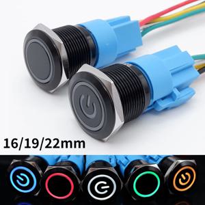 12/16/19/22mm 푸시 버튼 스위치 산화 검정색 순간 래칭 고정 켜기 끄기 전원 스위치 (와이어 LED 조명 포함) 5V 12V 24V 220V