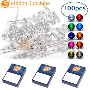 100개 5mm 흰색 빨간색 노란색 녹색 파란색 LED 다이오드 조명(투명 원형 투명) 밝은 조명 전구 램프