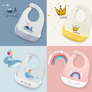 2021 귀여운 아기 Bibs 방수 실리콘 Bib 먹이 유아 신생아 만화 앞치마 유아 조정 가능한 Bib Burp Cloths with Pocket