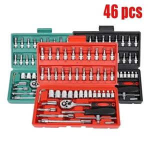 46PCS 오토바이 공구함 세트 드라이브 소켓 래칫 렌치 세트 자동차 및 자전거 정비 도구용 완벽한 자동차 수리 키트