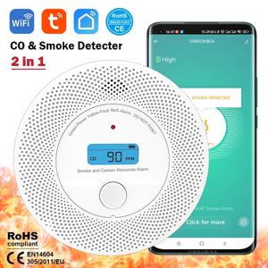 WiFi 투야 2 in 1 버전 CO 및 연기 감지기 LCD 디스플레이 일산화탄소 감지기 가정 거실 상점 화재 경보 연기 센서