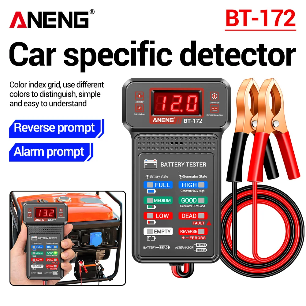 디지털 자동차 배터리 테스터 ANENG BT-172 (악어 클립 포함) 12V 배터리 알람 프롬프트 생성기 전용 수리 감지 도구