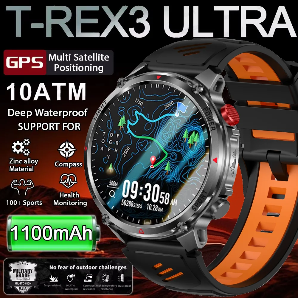 2026 T-Rex3 울트라 1100mAh 배터리 스마트 워치 GPS 트랙 나침반 IP69K 방수 스포츠 트래커 야외 군용 스마트워치