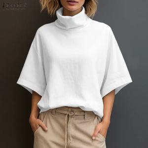 세련된 여성 블라우스 2025 ZANZEA 여름 오피스 셔츠 우아한 솔리드 OL 작업 튜닉 탑 터틀넥 하프 슬리브 블라우스 Mujer Femme