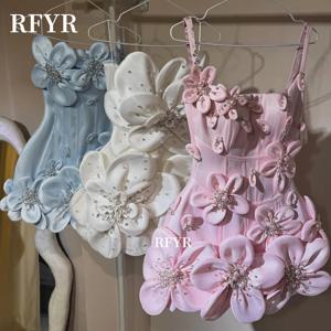 RFYR 미니 댄스 파티 드레스 진주 장식 파티 드레스 3D 꽃 장식 이브닝 칵테일 드레스 여성용 주름 장식 드레스 vestidos de fiesta