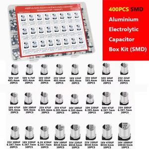 400개 SMD 알루미늄 전해 커패시터 키트 1uF-1000uF 6.3V-50V 24개 사양 및 수리용 보관함