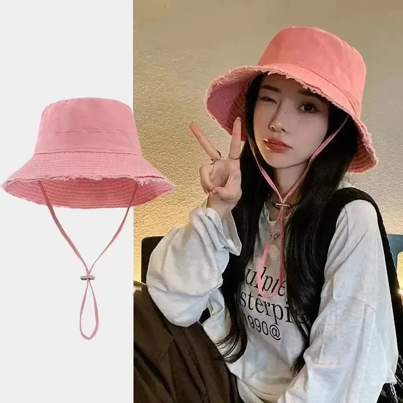 여성용 여름 어부 모자 한국 핑크색 큰 챙 버킷햇 야외 해변 여행용 차양 파나마 모자