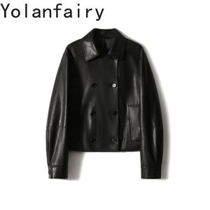 YOLANFAIRY 새로운 패션 2026 진짜 양가죽 정품 가죽 자켓 여성 우아한 짧은 가죽 트렌치 코트 더블 브레스트 자켓