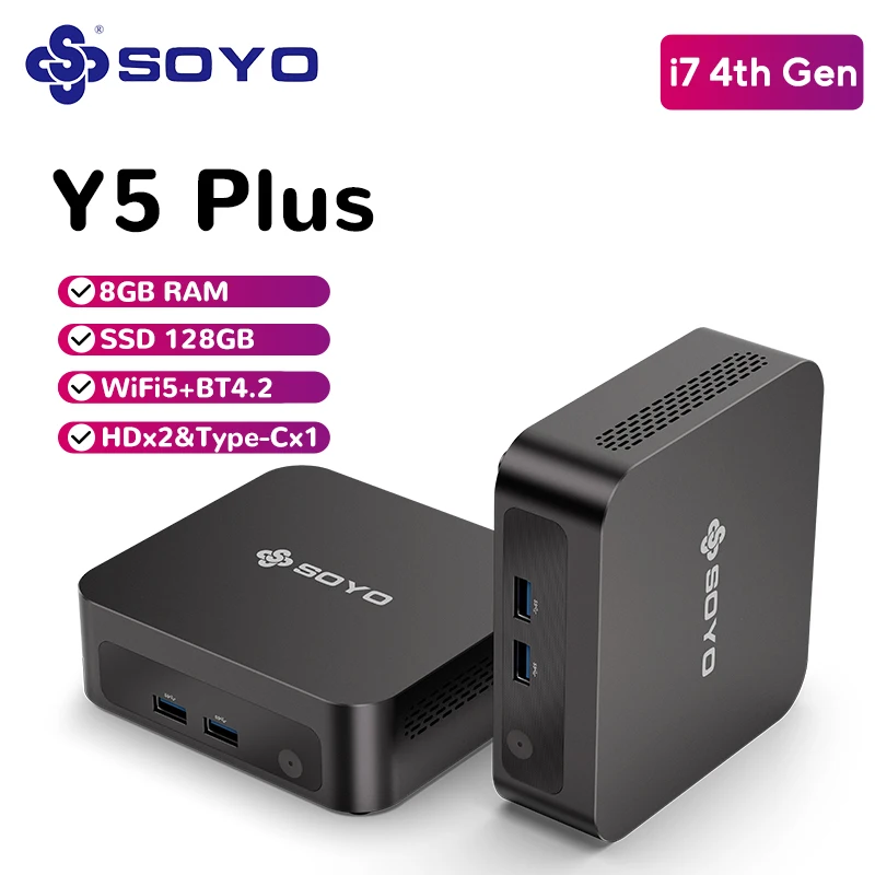 소요 Y5 플러스 미니 PC 인텔 i7 4세대 CPU, 윈도우11 프로, 8GB 램, 128GB M.2 SSD, 듀얼 4K 디스플레이 지원, 타입-C, 사무용 및 비즈니스용