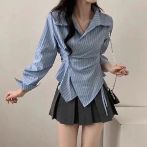 봄 가을 캐주얼 스트라이프 셔츠 여성 셔츠 패션 여성 긴팔 슬림 블라우스 탑 오피스룩 셔츠