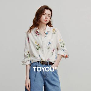 TOYOUTH 여성 셔츠 2026 여름 신상 린넨 라이오셀 프린트 프레시 미디 길이 플로럴 블라우스 탑