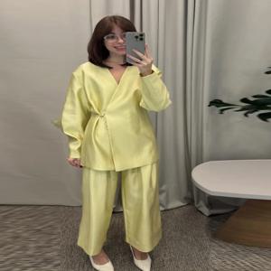 우아한 여성용 레이스업 셔츠 팬츠 세트 2026 여름 V넥 긴팔 상의 하이웨이스트 루즈핏 와이드 레그 팬츠 투피스 세트 여성용