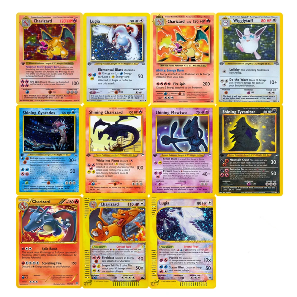 1996 PKMN 1세대 기본 세트 단일 플래시 카드 샤이닝 리자몽 루기아 위글리터프 게임 컬렉션 카드 PTCG 프록시 카드