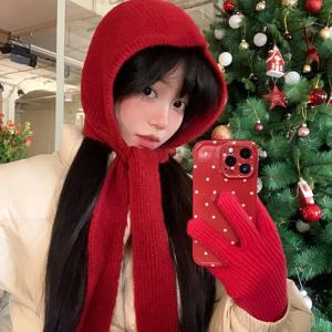 한국 귀여운 빨간 모자 여성용 니트 후드 스카프, 작고 따뜻한 귀 보호, 차가운 방풍 모자, 패션 모직 풀오버 모자, 겨울