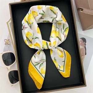 70cm 스퀘어 레몬 프린트 옐로우 스퀘어 실크 스카프 캐주얼 우아한 얇은 통기성 목 여성 방풍 헤드 랩 헤어 스카프