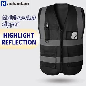 HACHANLUN 검은 반사 조끼 조끼 반사 조끼 교통 승마 조끼 작업복 멀티 포켓 지퍼