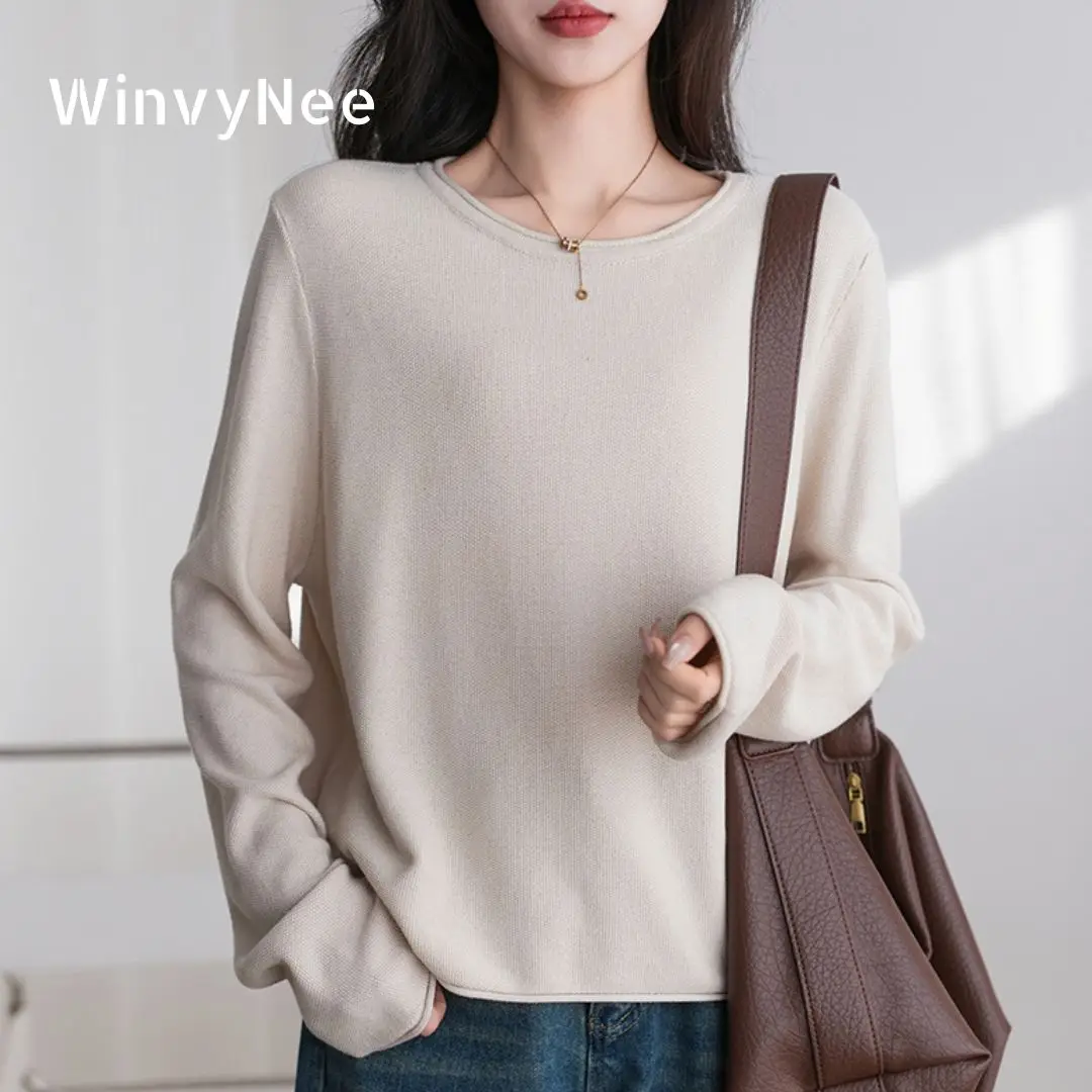 WinvyNee 여성 코튼 긴 소매 오-넥 풀오버 솔리드 캐주얼 따뜻한 겉옷 니트 탑 가을 겨울 여성 의류 A1572004