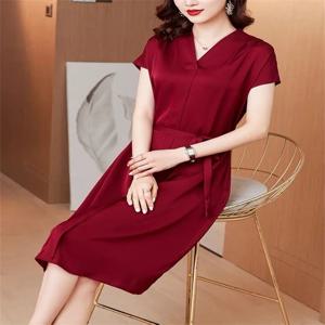 짧은 배트윙 소매 솔리드 새틴 롱 드레스 캐주얼 루즈 엘레강트 베스티도 레이스업 심플 드레스 오피스 레이디 스타일리시 시크 드레스