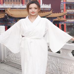 순수 코튼 기모노 스타일 여성용 미드 드레스 로브 나이트 가운 내부 안감 흰색 잠옷 속옷 전통 중국 패션