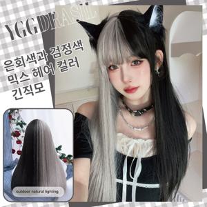 22인치 매지컬 스타일 실버 그레이 및 블랙 합성 가발 앞머리 있는 중간 길이 스트레이트 헤어 여성용 데일리 사용 내열성