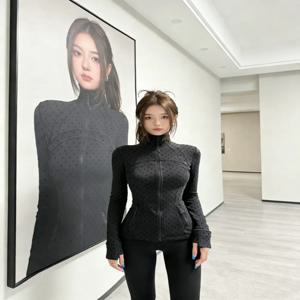 LULU FLORA 플록 도트 무늬 재킷, 우아한 스몰 스탠드 칼라 긴팔 아우터, 스포츠 요가에 적합한 속건성 및 통기성