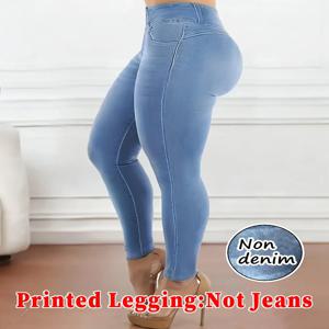 【Non-Denim】여성용 인조 데님 프린트 레깅스, 스포츠 캐주얼 스키니 팬츠, 얇고 부드러운 피부 친화적인 요가 팬츠, 사계절 착용 L
