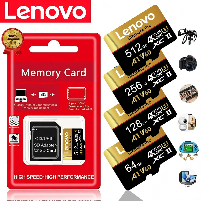 오리지널 레노버 마이크로 TF/SD 100MB/s UHS-I Class10 16GB 512GB 256GB 128GB 32GB 64GB 16GB PC/폰용 UHS I 고속 TF 카드 A1