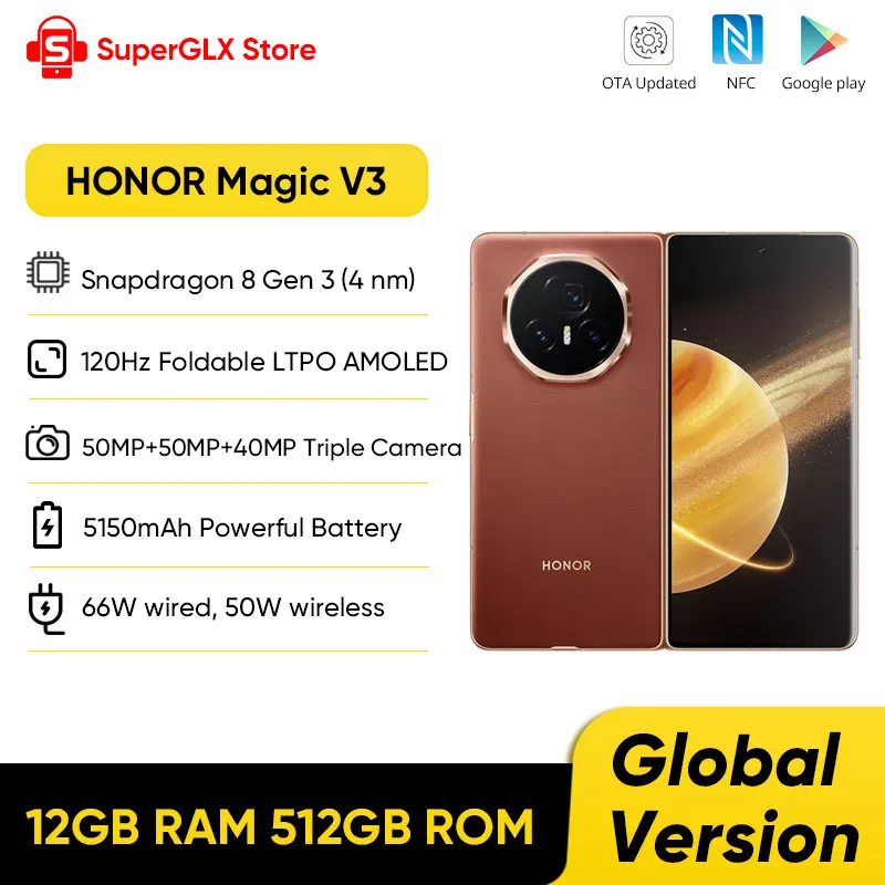 글로벌 버전 Honor Magic V3 5G 접이식 LTPO OLED 120Hz 디스플레이 7.92