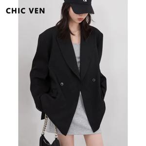 CHIC VEN 여성 블레이저 솔리드 루즈핏 더블 브레스트 와이드 숄더 오피스룩 여성 정장 재킷 오버사이즈 코트 봄 가을 2026