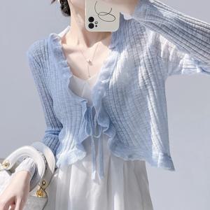 Ruffled Trim Tie Front 긴 소매 크롭 탑 여성 Ribbed Knit Cardigan Sweater Shrug Top Summer Teen-girl Fairycore Outfit