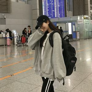 그레이 스웨트셔츠 여성 루즈핏 한국 버전 봄 가을 신상 지퍼 자켓 학생 캐주얼 스포츠 탑 후드티 얇은 긴팔