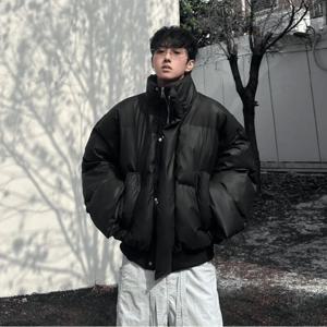 야외 방수 남성용 겨울 숏 패딩 재킷 - 블랙 (카키/베이지) M-4XL |   PU 가죽 트림 |   박시 크롭 핏 ​