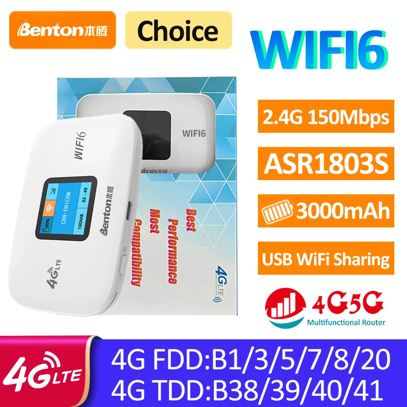 벤튼 플러그 앤 플레이 4G LTE 라우터 휴대용 와이파이 3000mAh 2.4GHz 150Mbps WiFi6 USB 모바일 라우터 아시아 유럽 중동 아프리카용