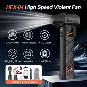 HFX-04 제트 터보 팬 380W 고출력 15000mAh 배터리 0-100 풍속 조절 에어 블로워 (3개 노즐 포함) /진공 세트 /보관 가방