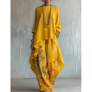 Boho 여성 봄 여름 새로운 투피스 세트 정장 빈티지 프린트 불규칙한 O 넥 다목적 캐주얼 루즈 2피스 세트 여성용
