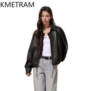 KMETRAM 리얼 베지터블 태닝 양가죽 가죽 재킷 여성 숏 드로스트링 스타일 코트 패션 재킷 가을 여성 의류 2026