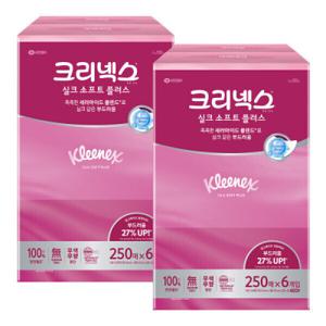 크리넥스 실크소프트 250매 6입 2팩 총 12개 천연펄프 미용티슈 각티슈 곽티슈