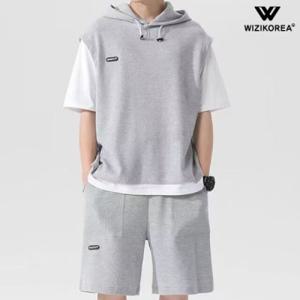 남성 와플 반팔 레이어드 후드 트레이닝세트 WI109SET