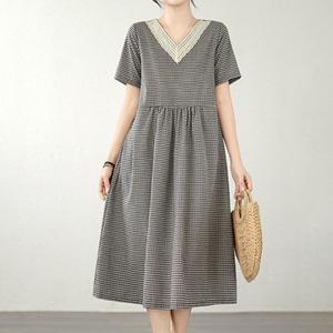 [페이릿] [~77까지]빅사이즈 초닐 체크 포인트 브이넥 반팔 롱원피스