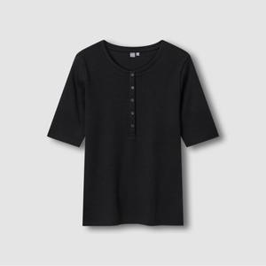 [JAJU/자주] 여 코튼 립 헨리넥 5부 티셔츠_블랙
