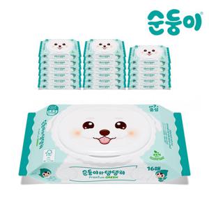 순둥이 댕댕이 강아지물티슈 프리미엄 그린 휴대 캡형 16매 18팩