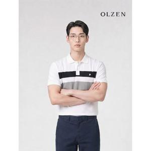 [올젠]블럭 배색 카라티셔츠 반팔 화이트 ZPF2TT1805