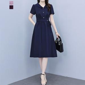 [퀸이즈] [∼88까지]러더 허리스트링 버튼 스판 반팔 원피스