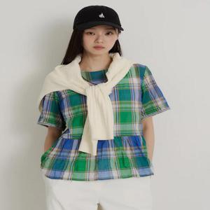 [빈폴레이디스]그린 마드라스 체크 라운드넥 셔링 반소매 블라우스 -BF6565C51M