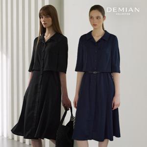 [데미안(DEMIAN)] 26SS 루미엘라 쉬폰 헤리티지 오픈 카라 썸머 원피스 1종 + 벨트 1종 (총 2종)(블랙,네이비)