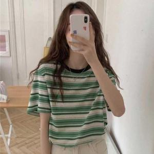 대학생 여름 캠퍼스 룩 단가라 라운드 반팔 티셔츠 WFKBW9M